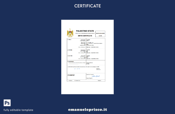 stile verificato Certificato di nascita dello stato civile della Palestina Model